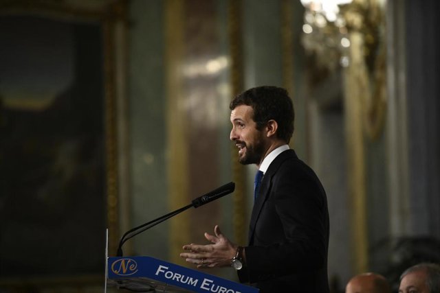 El presidente del Partido Popular, Pablo Casado, durante su intervención en un desayuno de Nueva Economía Fórum, en Madrid (España), a 18 de diciembre de 2019.