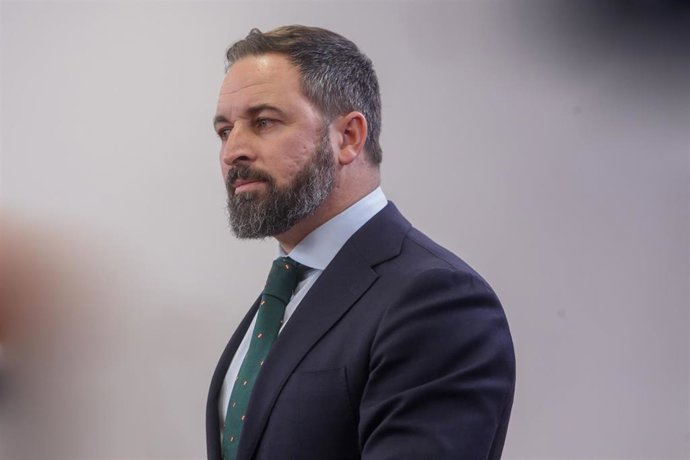 El presidente de Vox, Santiago Abascal, ofrece una rueda de prensa en el Congreso de los Diputados tras su consulta con el Rey sobre una posible investidura del candidato socialista como Presidente del Gobierno