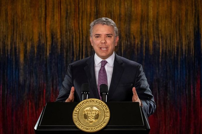 El presidente de Colombia, Iván Duque, dirigiéndose a la nación a través de un discurso, en Bogotá.