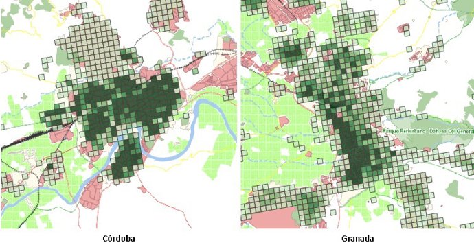 Gráfico de la distribución de población en Córdoba y Granada con más de 15 años de residencia.