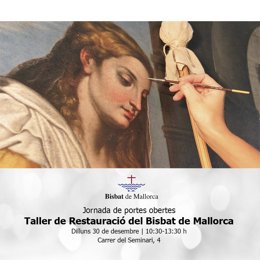 Jornada de puerta abiertas en el taller de restauración del Obispado de Mallorca este lunes.
