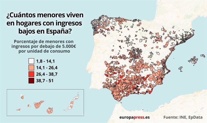 Mapa de España según menores que viven en hogares con bajos ingresos