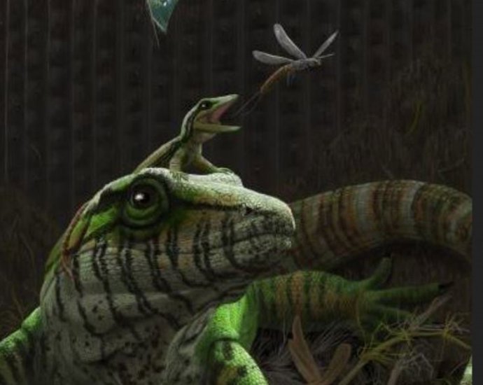 Recreación del animal fosilizado en actitud protectora de su cría