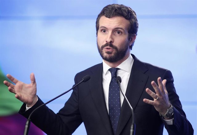 El presidente del Partido Popular, Pablo Casado, en rueda de prensa para hablar del balance del año político que hace su partido, en Madrid (España) a 30 de diciembre de 2019.