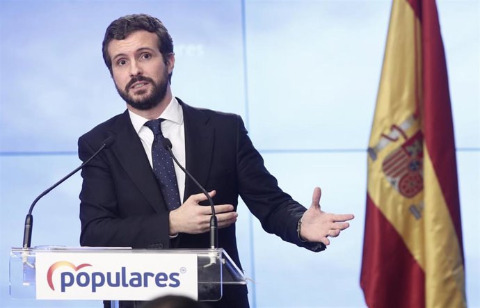 El presidente del Partido Popular, Pablo Casado, en rueda de prensa para hablar del balance del año político que hace su partido, en Madrid (España) a 30 de diciembre de 2019.