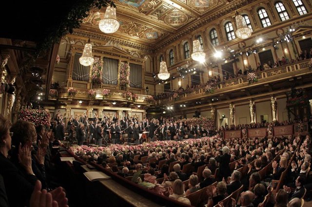 The Vienna Philharmonic Orchestra during the traditional New Year's Concert in the Golden Hall of the Vienna Musikverein in Vienna