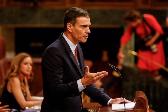 El presidente del Gobierno en funciones y candidato del PSOE a la reelección, Pedro Sánchez, interviene desde la tribuna del Congreso de los Diputados en la primera sesión del debate de investidura a la Presidencia del Gobierno el pasado mes de julio