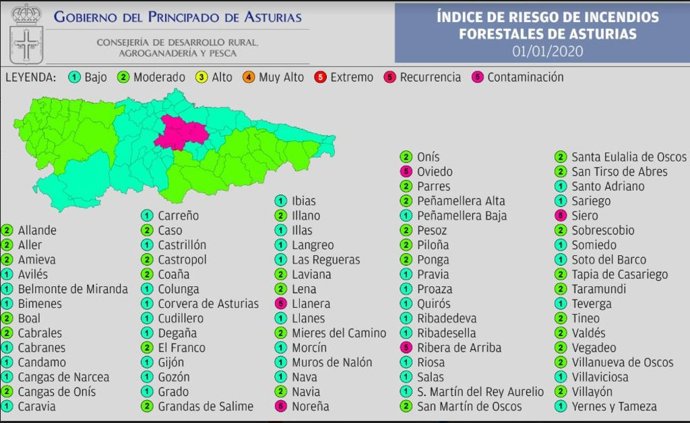Índice De Riesgo De Incendio Forestal En Asturias Para El 1 De Enero De 2020.