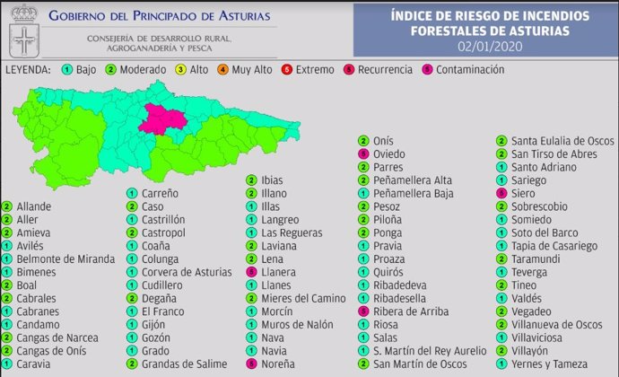 Índice De Riesgo De Incendios Forestales En Asturias Para El 2 De Enero.