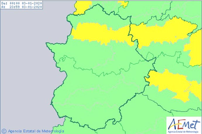 Mapa con la situación de alerta por nieblas en Extremadura