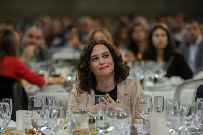 La presidenta de la Comunidad de Madrid, Isabel Díaz-Ayuso en la tradicional comida de Navidad del PP de la Comunidad de Madrid, a 14 de diciembre de 2019