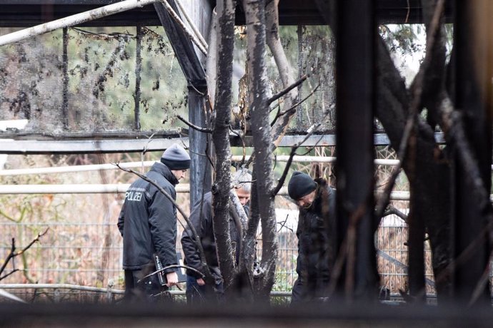 Investigadores de la policía observan la jaula quemada de los monos en el zoo Krefeld después de un incendio la noche de Año Nuevo  Foto: Marcel Kusch/dpa