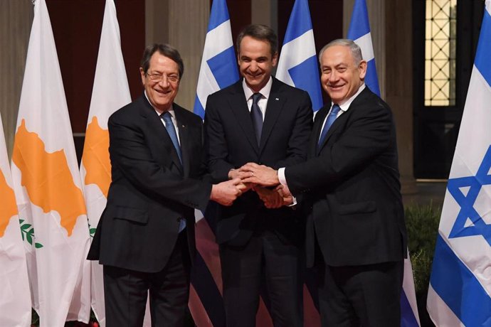 Nicos Anastasiades, Benjamin Netanyahu y Kyriaskos Mitsotakis