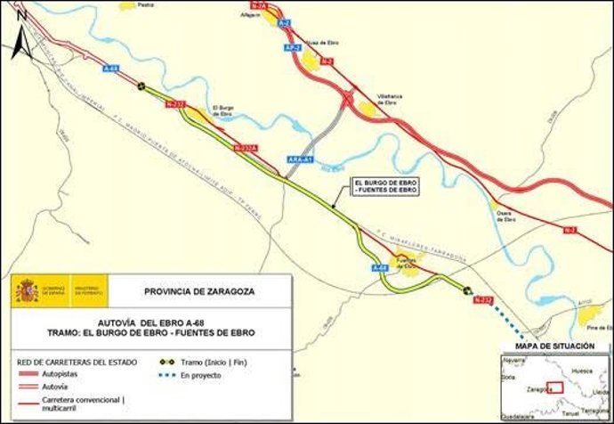 El Ministerio de Fomento licita las obras la A-68 entre El Burgo de Ebro y Fuentes (Zaragoza).