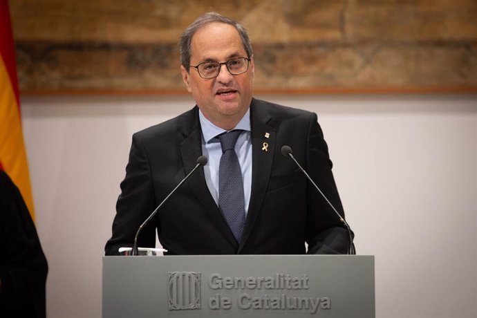 El presidente de la Generalitat, Quim Torra interviene para anunciar el ganador del Premi Internacional Catalunya 2019, en Barcelona (España), a 20 de diciembre de 2019.
