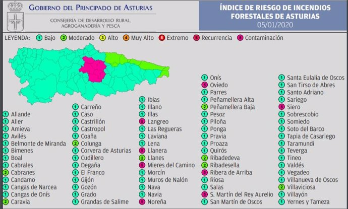 Mapa del riesgo de incendio forestal en Asturias.