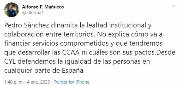Tuit del presidente de la Junta de Castilla y León, Alfonso Fernández Mañueco