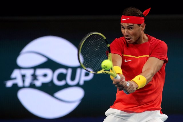 Rafael Nadal of Spain in action during his match against Pablo Cuevas of Uruguay during day 4 of the ATP Cup tennis tournament at RAC Arena in Perth, Monday, January 6, 2020. (AAP Image/Richard Wainwright) NO ARCHIVING, EDITORIAL USE ONLY