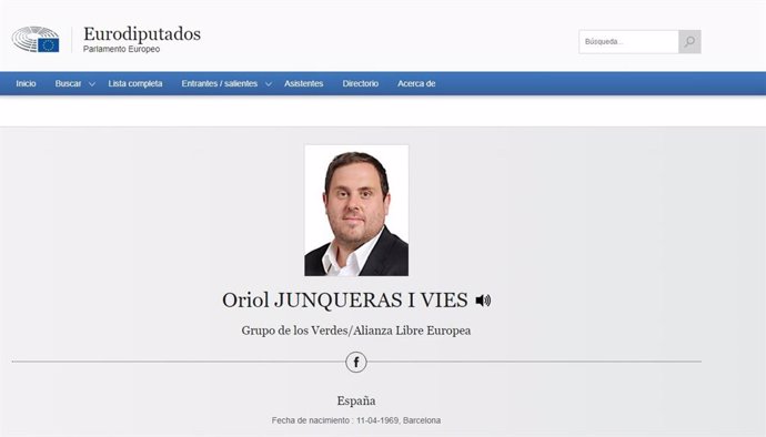 Perfil del líder de ERC, Oriol Junqueras, en la web del Parlamento Europeo