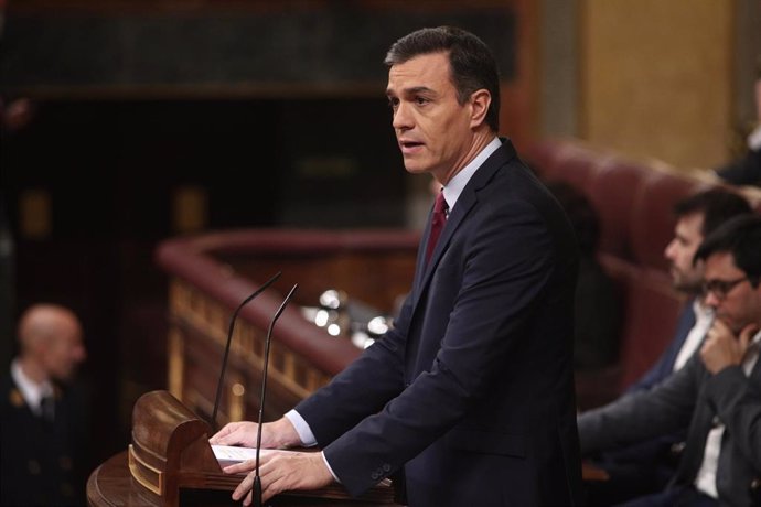 El presidente del Gobierno en funciones, Pedro Sánchez, durante su intervención inicial, en la segunda sesión de votación para su investidura como presidente del Gobierno, en Madrid (España), a 7 de enero de 2020.