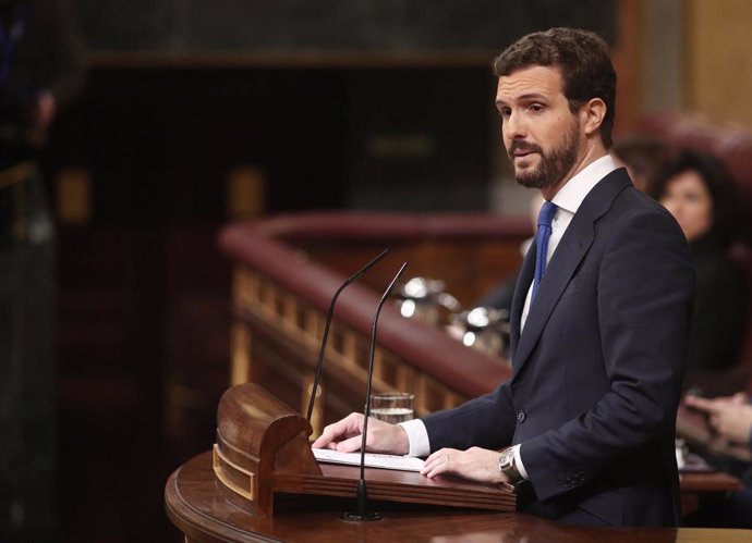 El president del PP, Pablo Casado, durant la seva intervenció en la segona sessió de votació per a la investidura del candidat socialista a la presidncia del Govern central, a Madrid (Espanya).