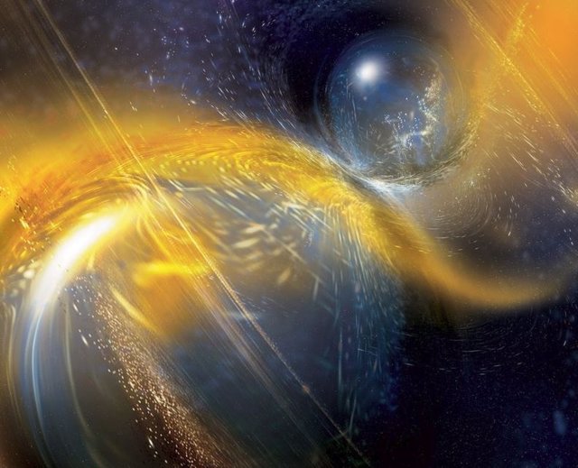 Ilustración de la fusión de dos estrellas de neutrones