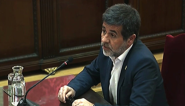 El expresidente de  la Asemblea Nacional Catalana (ANC), Jordi Sànchez , durante su intervención ante el Trubunal Supremo, en la última jornada del juicio del procés.