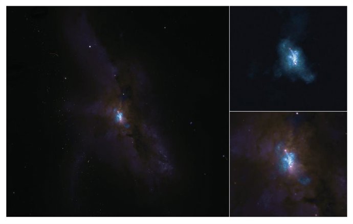 En la imagen de ALMA, el gas molecular se muestra en azul y los agujeros negros como puntos rojos