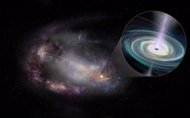 Concepto artístico de una galaxia enana con un agujero negro masivo en su contorno