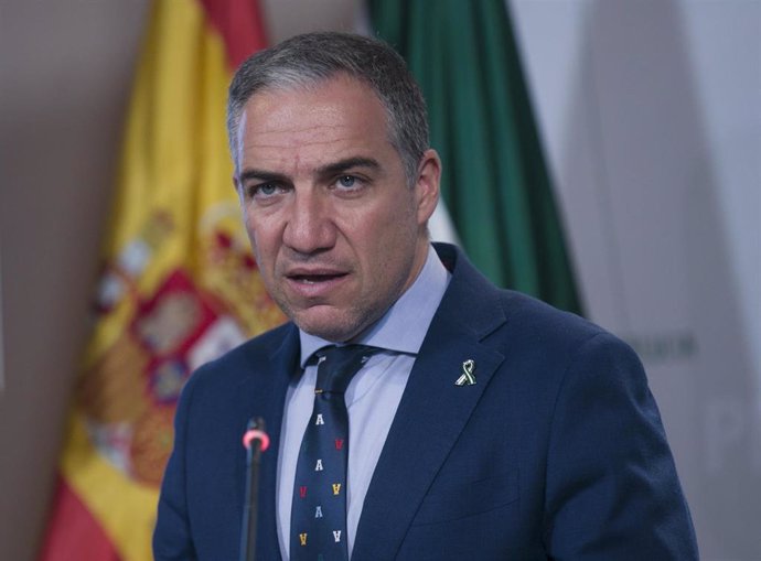 Rueda de prensa posterior al Consejo de Gobierno de Andalucía. El Consejero de Presidencia, Elías Bendodo durante su comparecencia.
