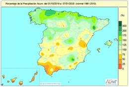 Mapa de lluvias acumuladas en el conjunto de España desde el 1 de octubre de 2019 hasta el 7 de enero de 2020. Balance hídrico.