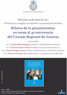 Cartel de la presentación en el Ridea del libro 'Relatos de la preautonomía: en torno al 40 aniversario del Consejo Regional de Asturias'