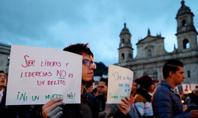 Imagen de una protesta tras el asesinato del líder social colombiano Miguel Antonio Gutiérrez.