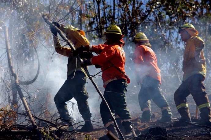 Bomberos chilenos intentan sofocar el gran incendio que devoró miles de hectáreas en Valparaíso en 2017.