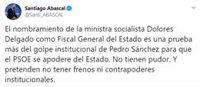 Abascal califica el nombramiento de Delgado como un "golpe institucional" para que el PSOE "se apodere del Estado"