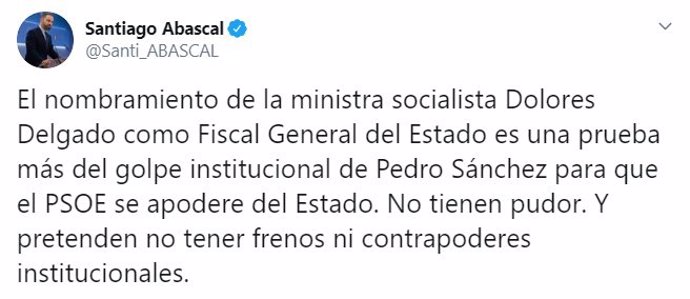 Captura del tweet del presidente de Vox, Santiago Abascal, sobre el nombramiento de la exministra Dolores Delgado como fiscal general del Estado