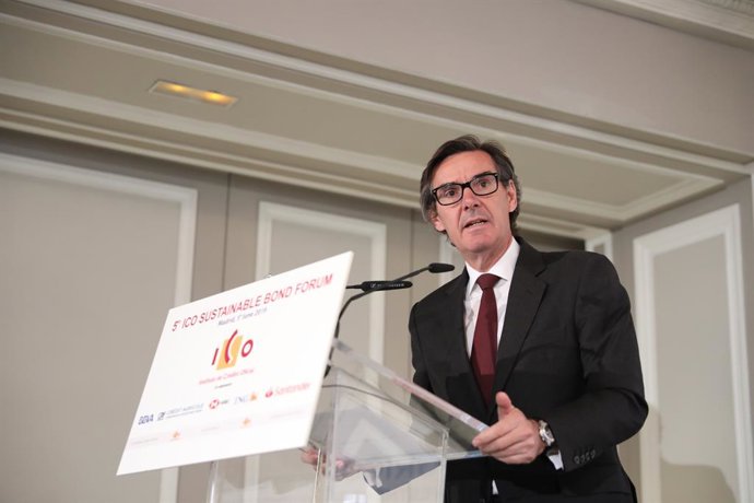 El secretario general del Tesoro, Carlos San Basilio, durante su intervención en la inauguración del 'V Foro ICO de Bonos Sostenibles'.