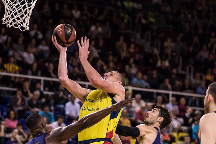 Oliver Stevic, #14 of Morabanc Andorra in action during the Liga Endesa match between Fc Barcelona Lassa and Morabanc Andorra at Palau Blaugrana, in Barcelona, Spain, on May 27, 2018.