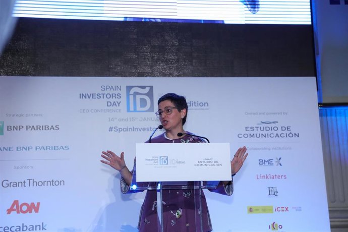 La ministra de Asuntos Exteriores, UE y Cooperación, Arancha González Laya, interviene en al primera jornada de la X edición del 'Spain Investors Day' en el Palacio de la Bolsa de Madrid el 14 de enero de 2020.