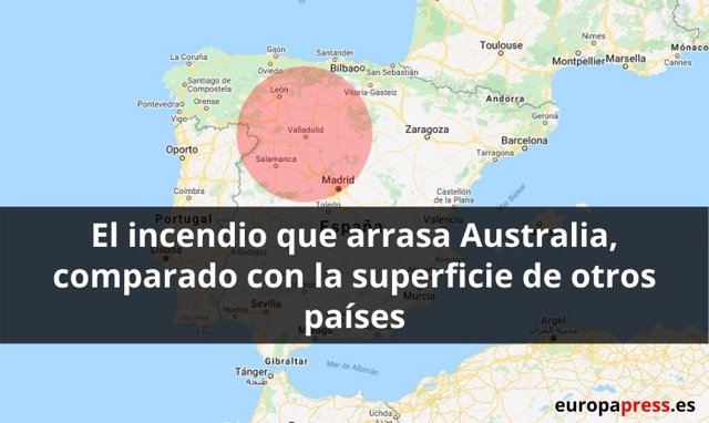 El incendio que arrasa Australia , comparado con la superficie de otros países