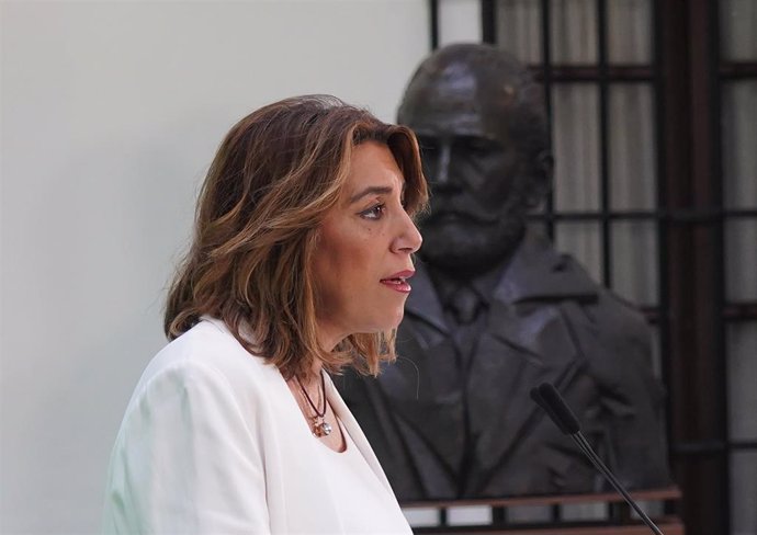 La secretaria general del PSOE-A, Susana Díaz, en  la rueda de prensa  para hacer balance del año de gobierno de PP-A y Cs en Andalucía, en Sevilla a 16 de enero 2020