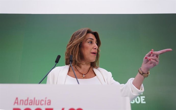 La secretaria general del PSOE-A, Susana Díaz, en  la rueda de prensa  para hacer balance del año de gobierno de PP-A y Cs en Andalucía, en Sevilla a 16 de enero 2020
