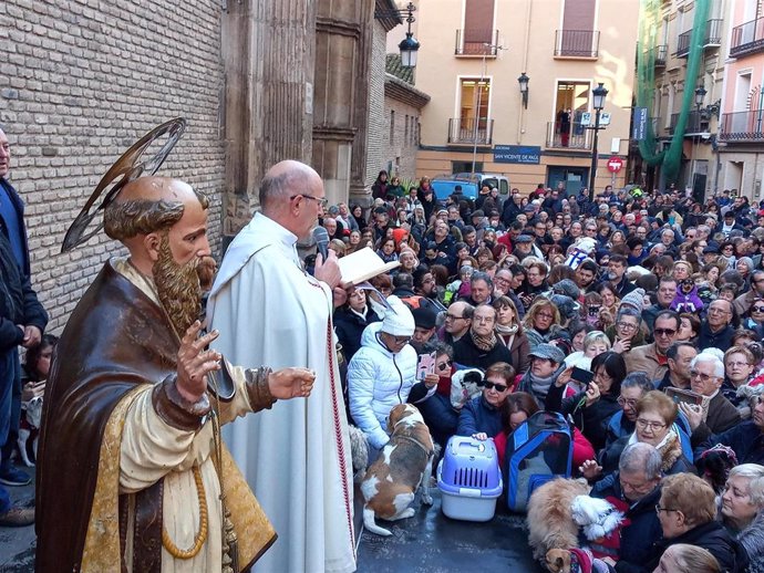 El párroco Santiago Fustero bendice a los animales que acuden a la festividad de San Antón