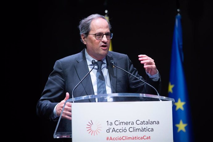 El president de la Generalitat de Catalunya, Quim Torra, durante su intervención en la Cimera Catalana d'Acció Climtica, celebrada en el Teatre Nacional de Catalunya, en Barcelona /Catalunya (España), a 17 de enero de 2020.