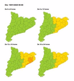 Mapa de riesgo por fuerte viento en Catalunya el 19 de enero de 2020.