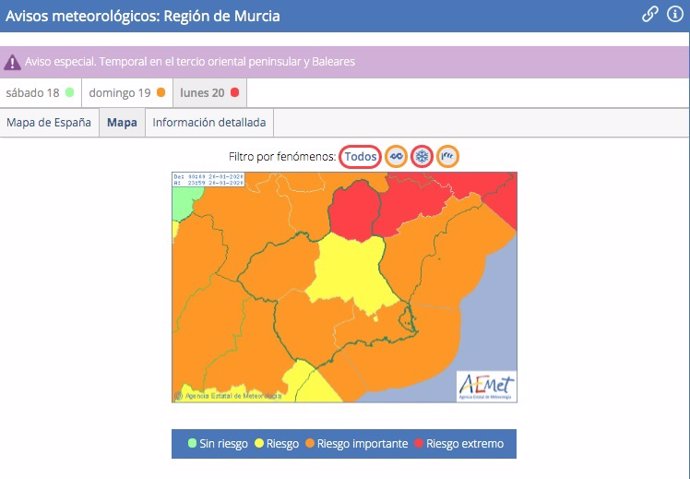 Mapa de alertas meteorológicas de la Aemet para la Región de Murcia
