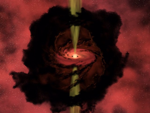 Ilustración de protoestrella creciendo con gas acretado de un disco alrededor