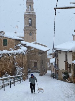 Vista de Troncón (Teruel), en el Maestrazgo, durante el temporal Gloria de 2020.