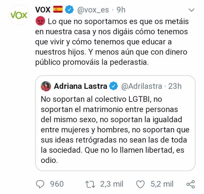 Captura de pantalla del tuit de Vox que la Federación Andaluza de Asociaciones Lgtbi quiere denunciar en los tribunales como calumnia.
