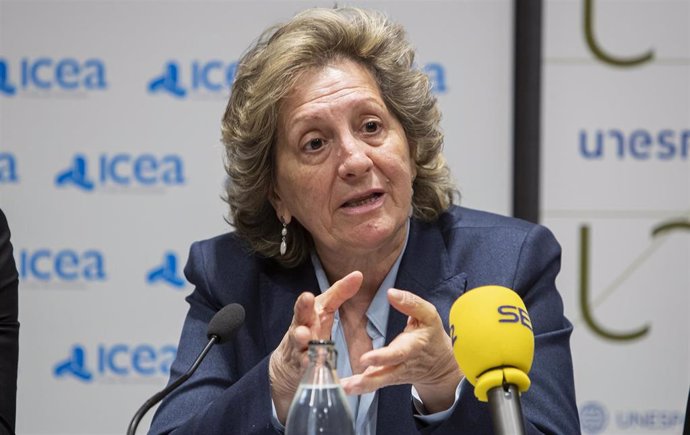 La presidenta de Unespa, Pilar González de Frutos, durante la presentación de resultados del sector asegurador en 2019.